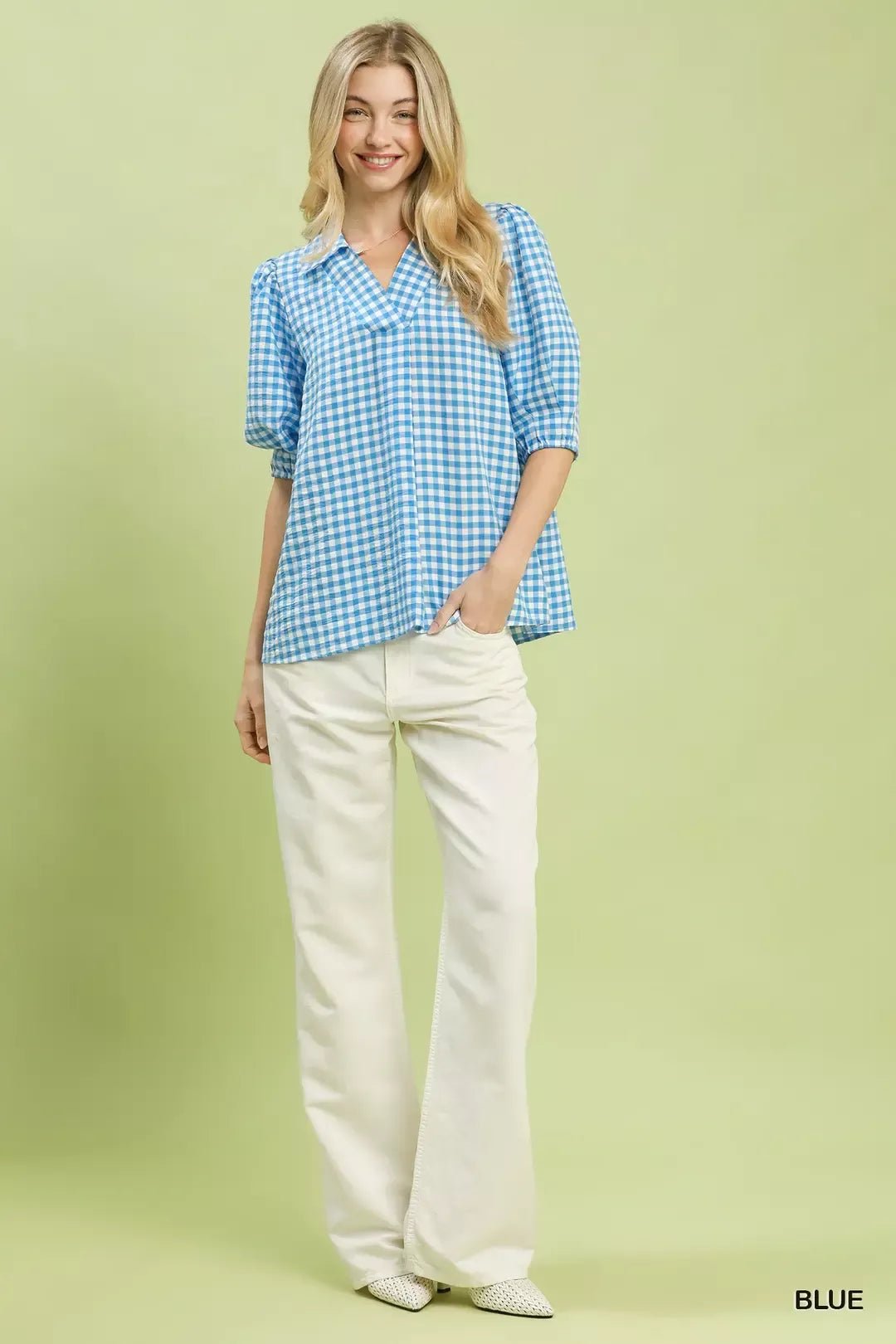 Umgee Gingham Puff Sleeve Collared Blouse - Cowtown Bling N Things