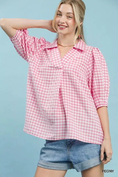 Umgee Gingham Puff Sleeve Collared Blouse - Cowtown Bling N Things