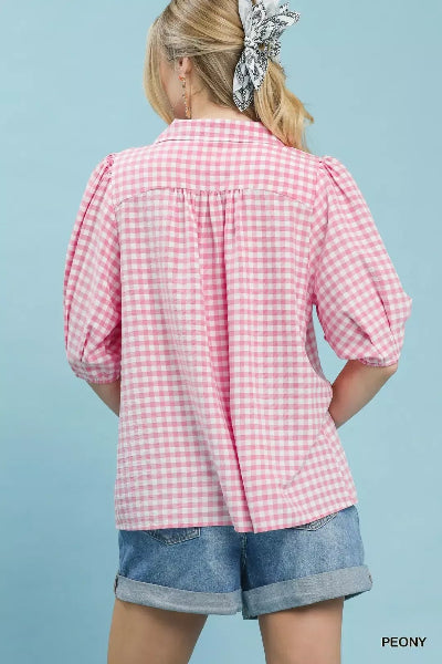 Umgee Gingham Puff Sleeve Collared Blouse - Cowtown Bling N Things