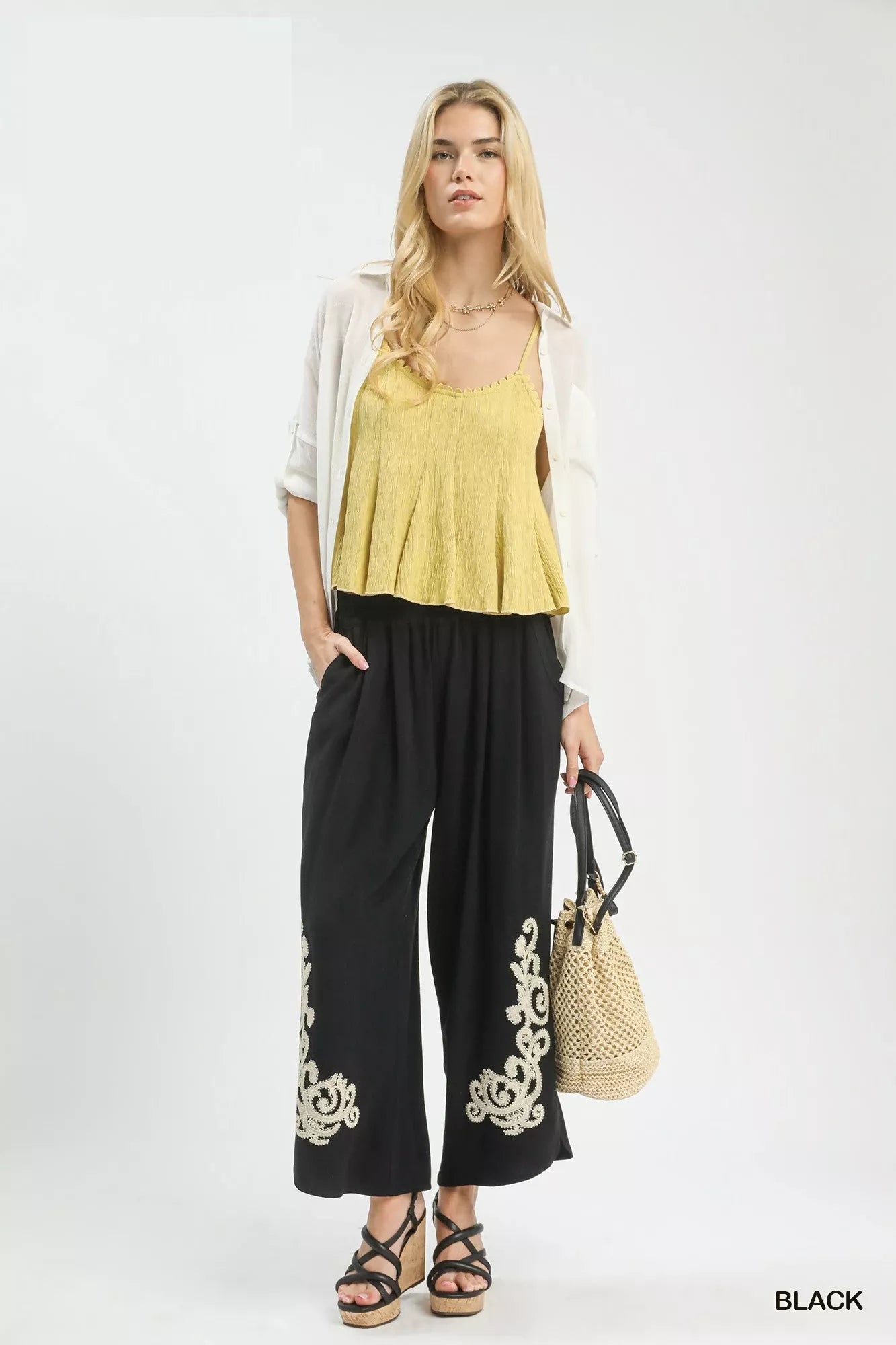 Umgee Linen Embroidered Wide - Leg Boho Pants - Cowtown Bling N Things
