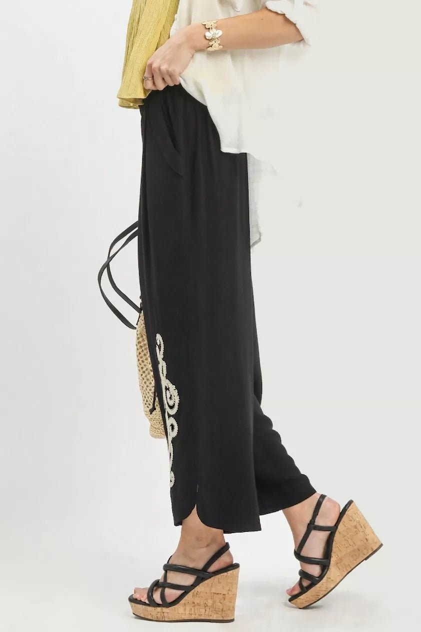 Umgee Linen Embroidered Wide - Leg Boho Pants - Cowtown Bling N Things