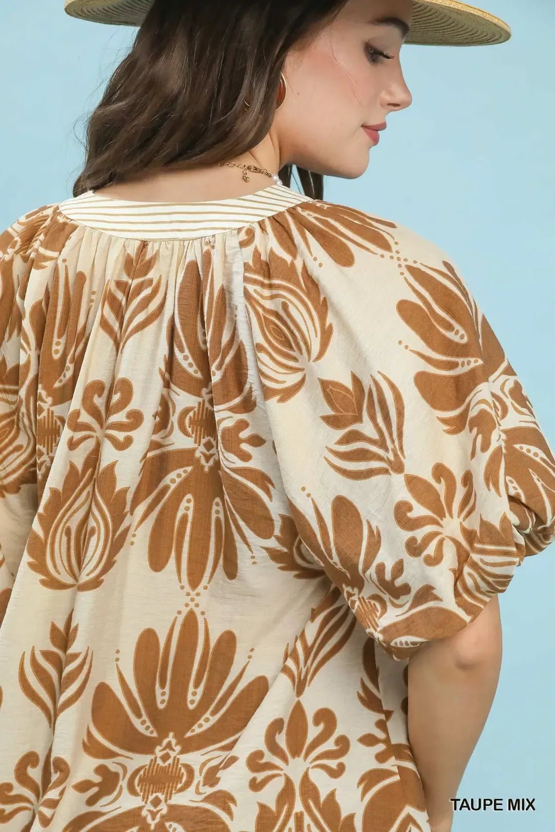 Umgee Mix Printed Puff Sleeve Top with Contrast Trim - Cowtown Bling N Things
