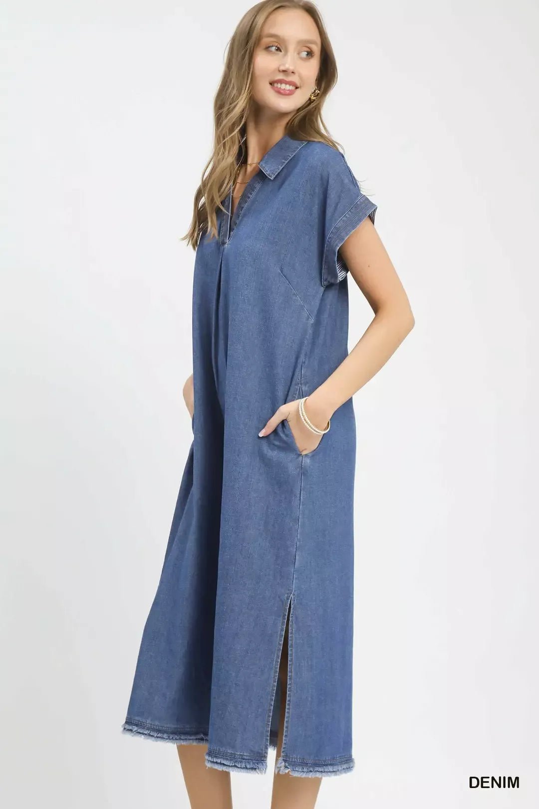 Umgee Stone Washed Collared Denim Midi Dress - Cowtown Bling N Things