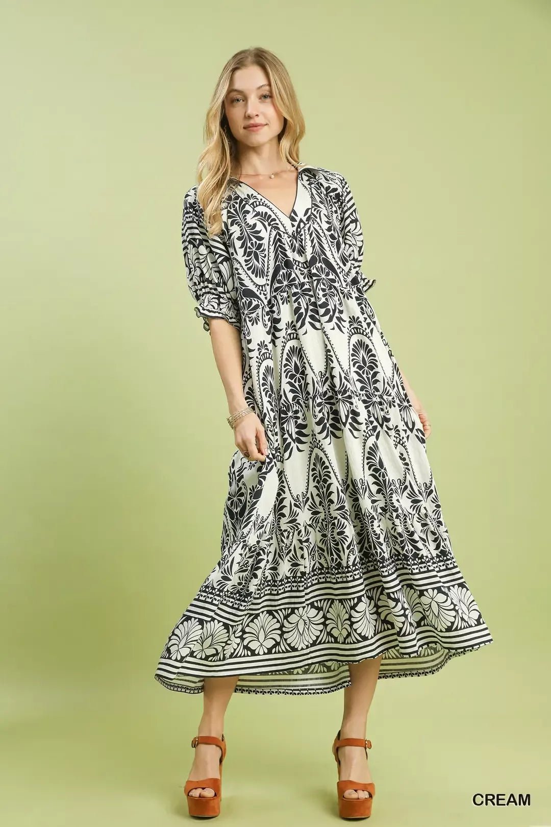 Umgee Two tone Border Print Midi Dress - Cowtown Bling N Things