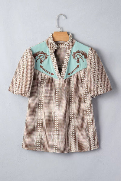 Western Pony Embroidered Yoke Puff Sleeve Gingham Blouse - Cowtown Bling N Things
