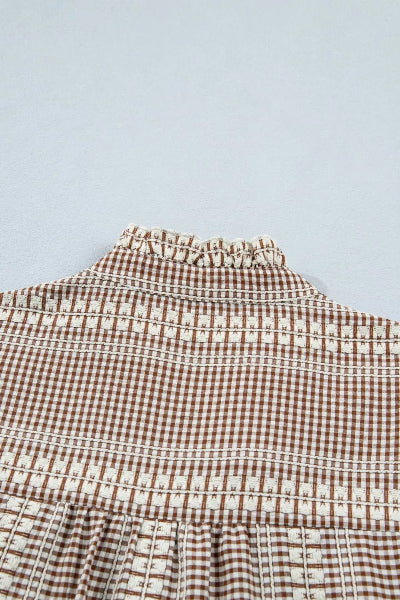 Western Pony Embroidered Yoke Puff Sleeve Gingham Blouse - Cowtown Bling N Things