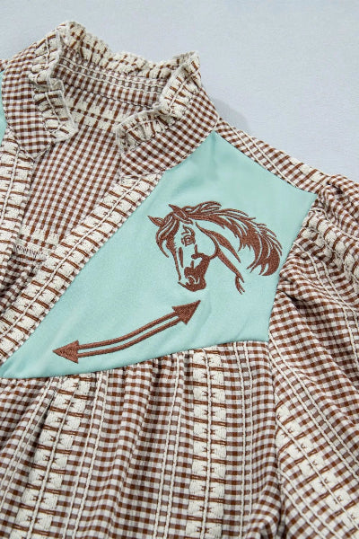 Western Pony Embroidered Yoke Puff Sleeve Gingham Blouse - Cowtown Bling N Things