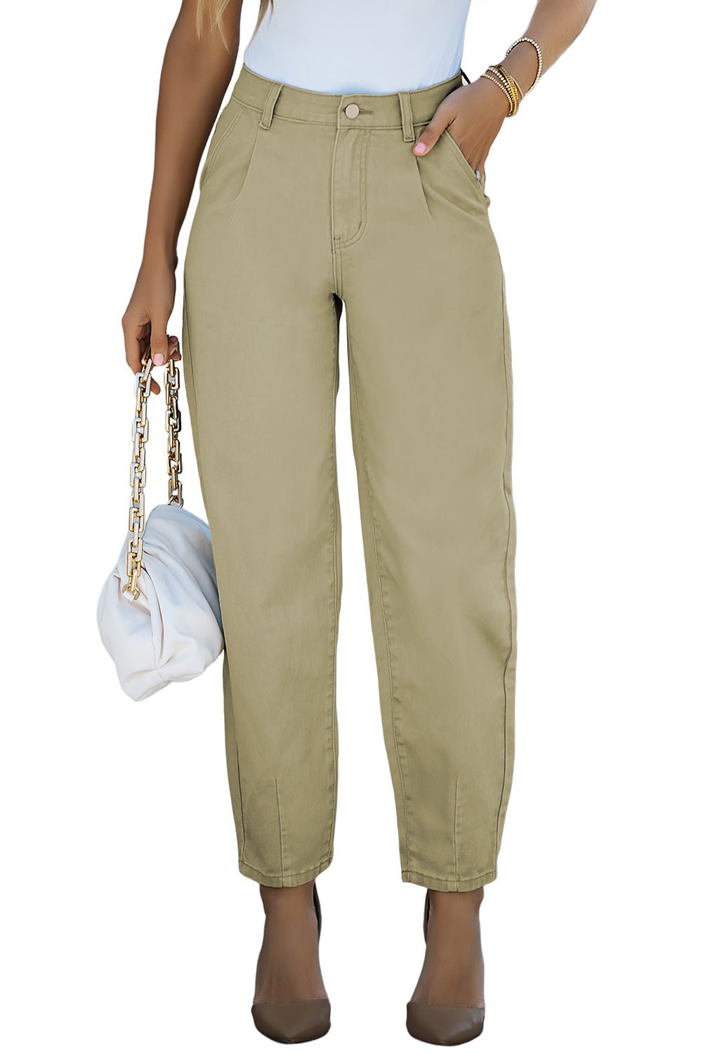 White Solid Casual High Waist Straight Leg Pants - Cowtown Bling N Things