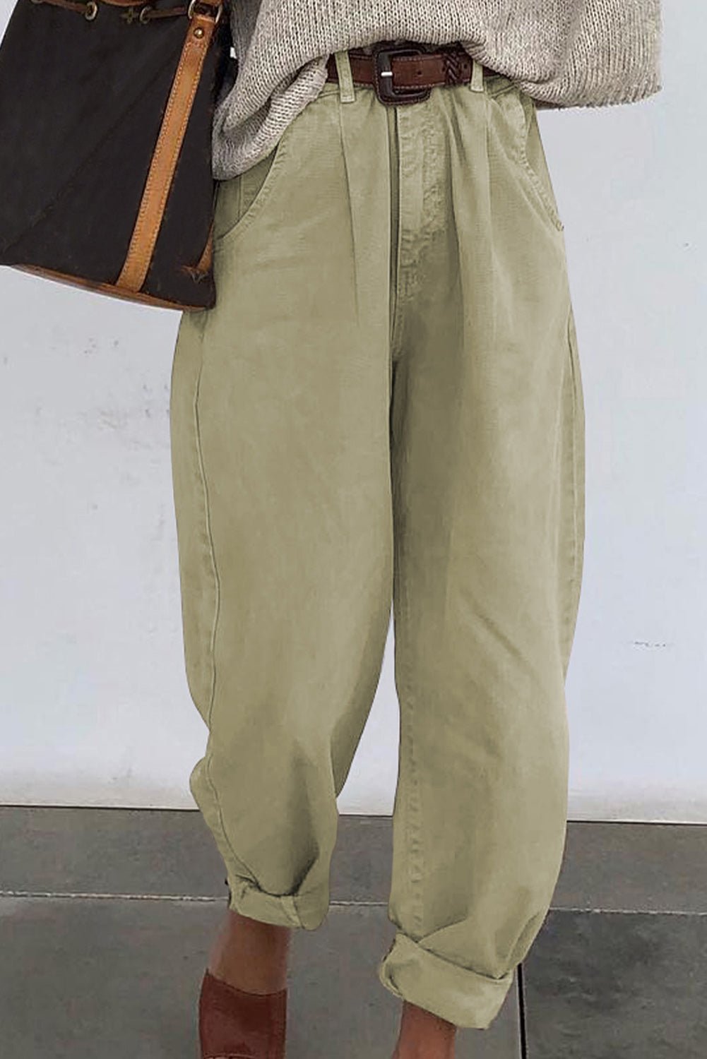 White Solid Casual High Waist Straight Leg Pants - Cowtown Bling N Things