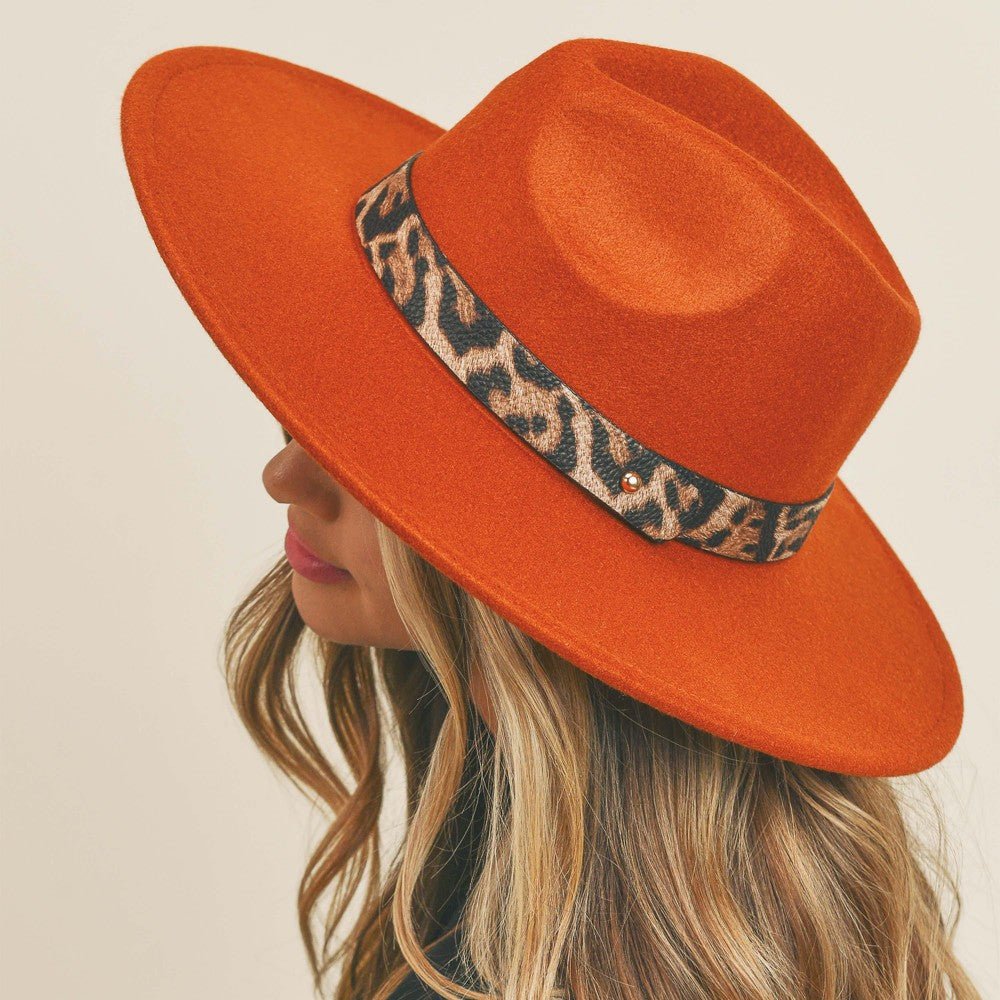 Last - Leopard Print & Leather Strap Wide Brim Hat Women Wool Blend Boater Hat Sailor Wide Brim Pork Pie Caps  main image 2