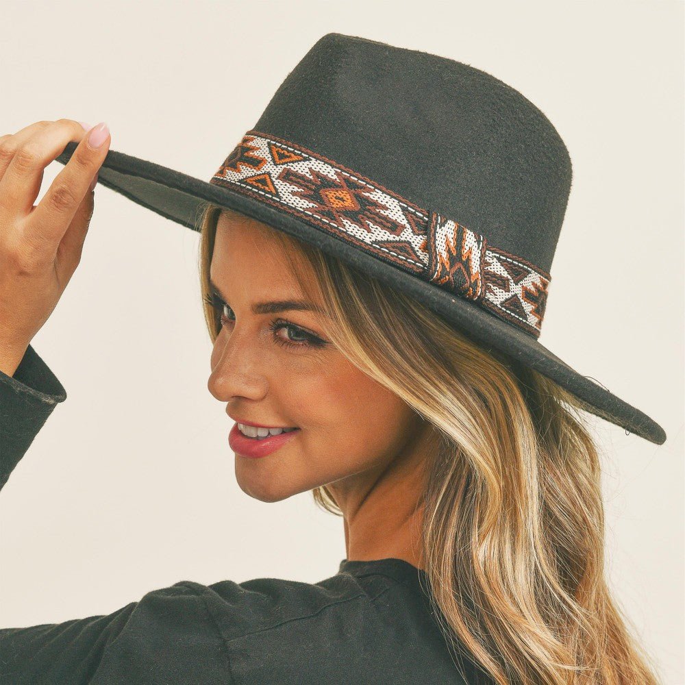 Wide Brim Vegan Felt Hat with Aztec Band - Cowtown Bling N Things