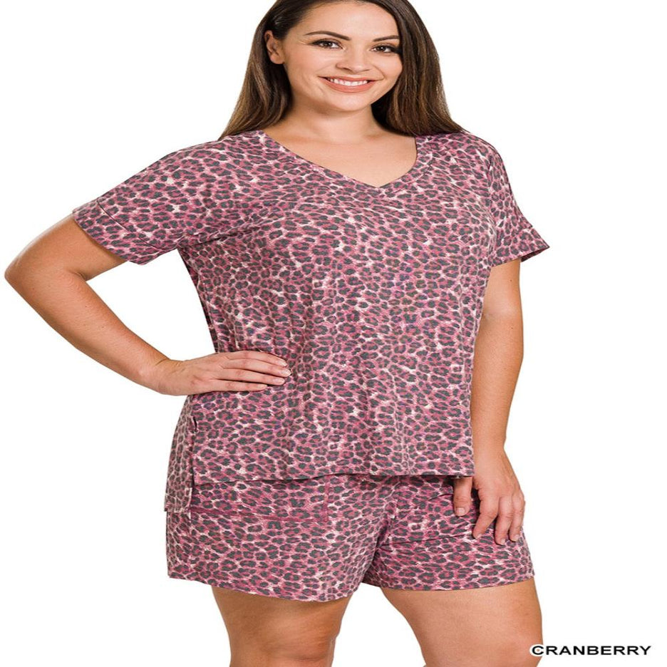 Leopard V-Neck Top & Drawstring Shorts Set (Curvy) - Cowtown Bling N Things