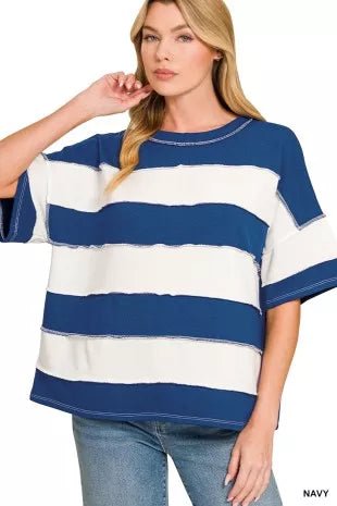 Zenana French Terry Striped Exposed Seam Top - Cowtown Bling N Things