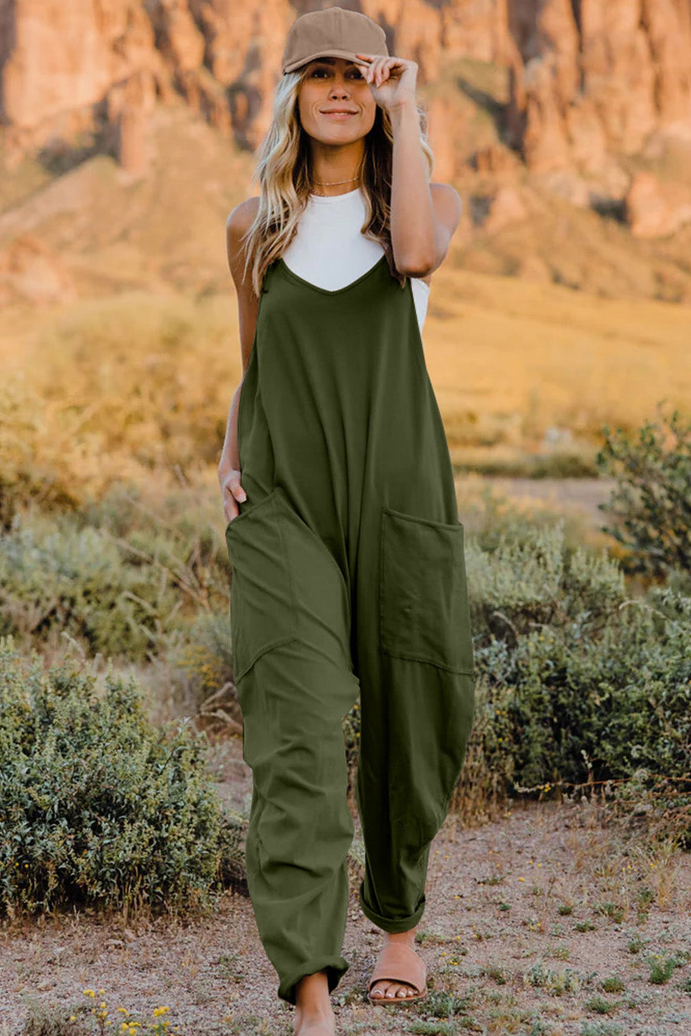 V-Neck Sleeveless Jumpsuit with Pocket - Cowtown Bling N Things