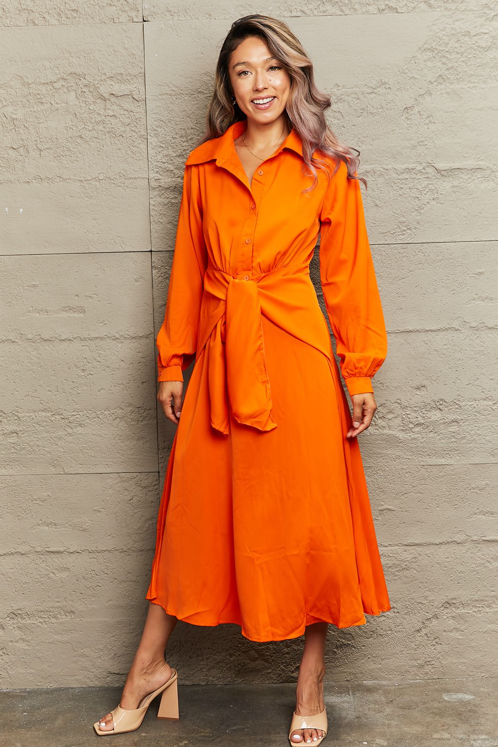 Collared Neck Long Sleeve Twisted Midi Dress - Cowtown Bling N Things
