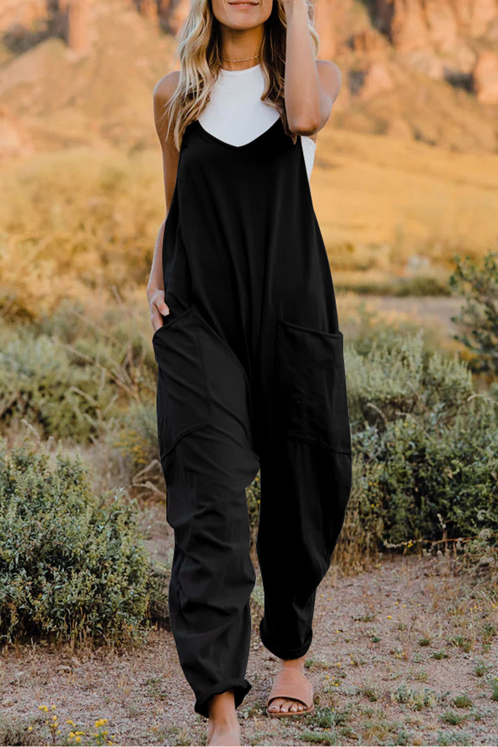 V-Neck Sleeveless Jumpsuit with Pocket - Cowtown Bling N Things