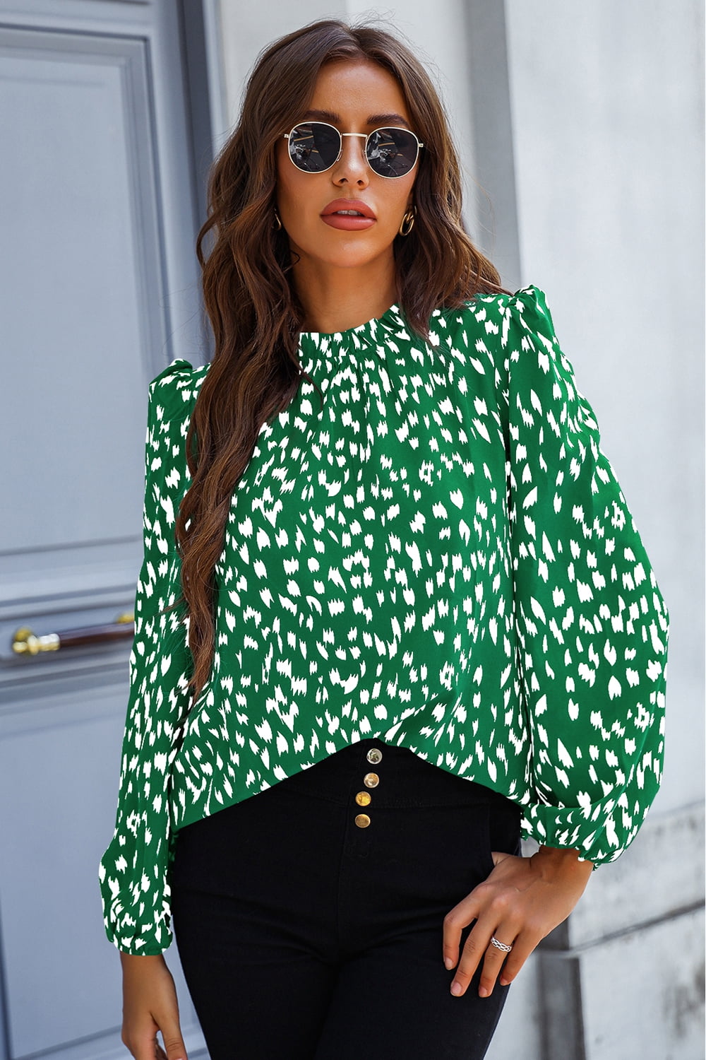 Printed Mock Neck Puff Sleeve Blouse - Cowtown Bling N Things