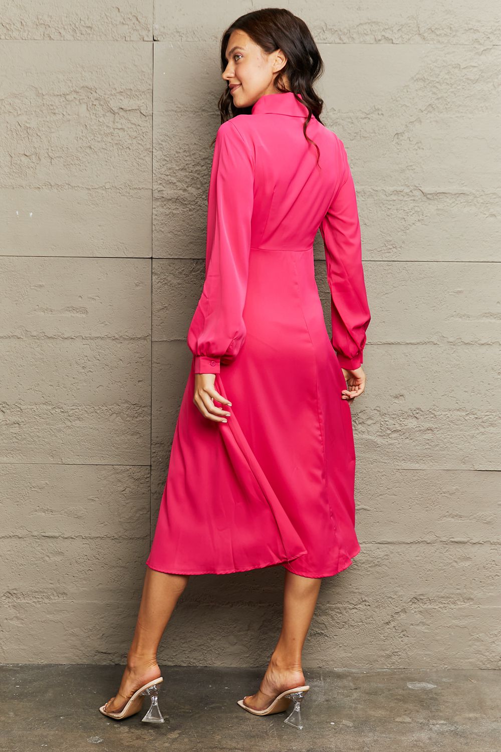 Collared Neck Long Sleeve Twisted Midi Dress - Cowtown Bling N Things