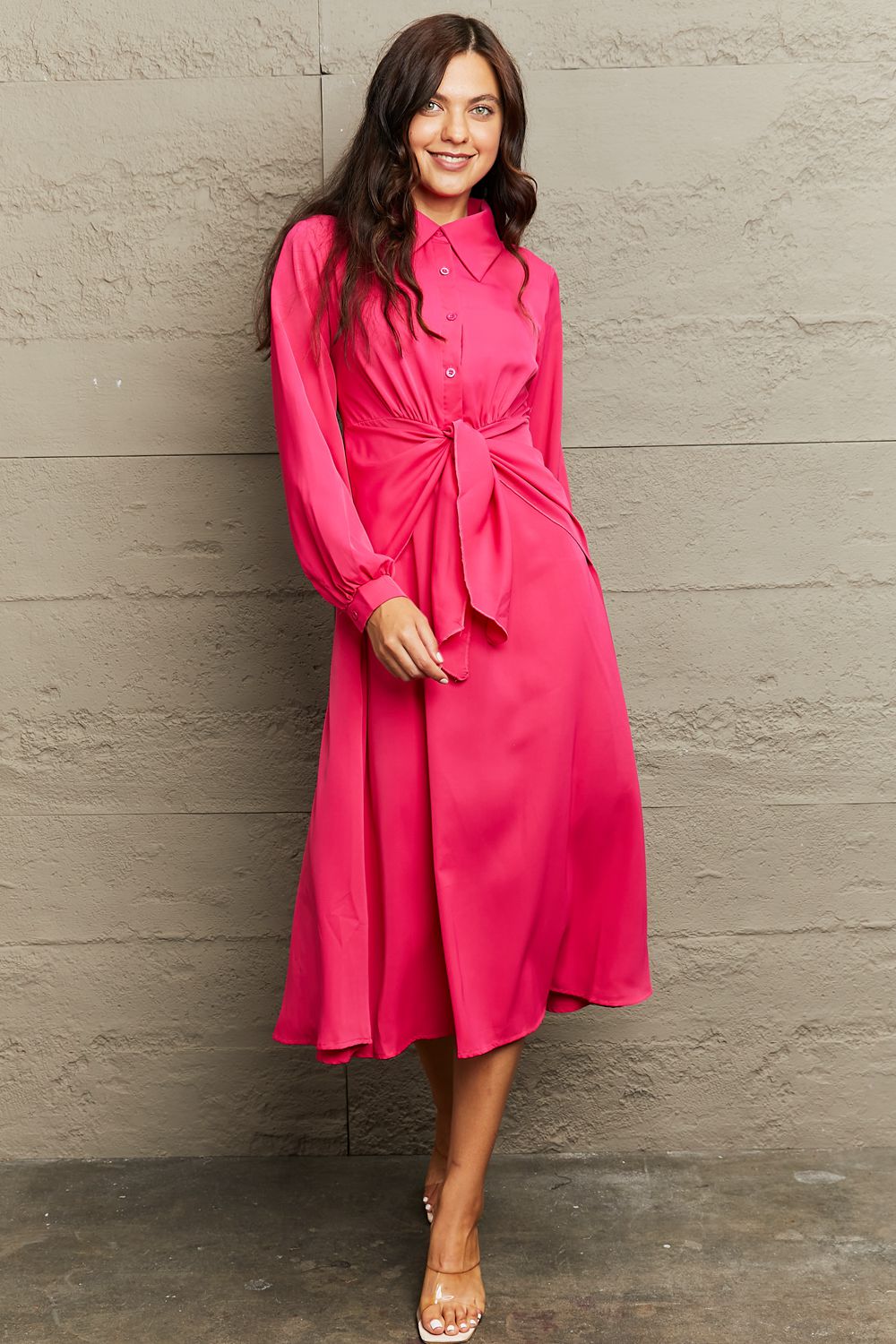 Collared Neck Long Sleeve Twisted Midi Dress - Cowtown Bling N Things