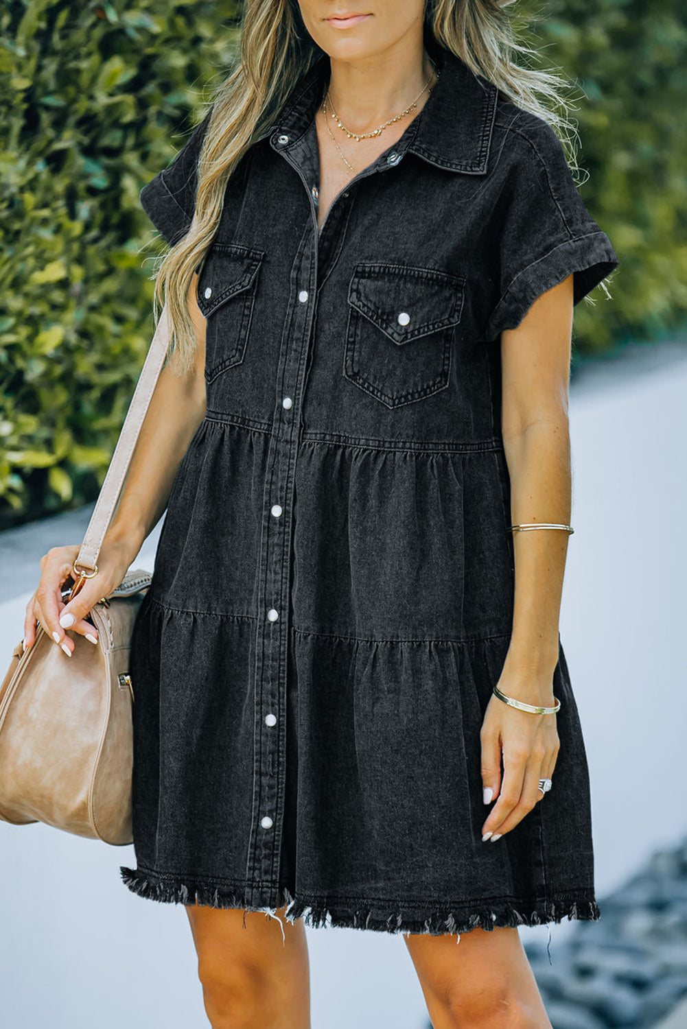 Button Front Raw Hem Denim Dress - Cowtown Bling N Things