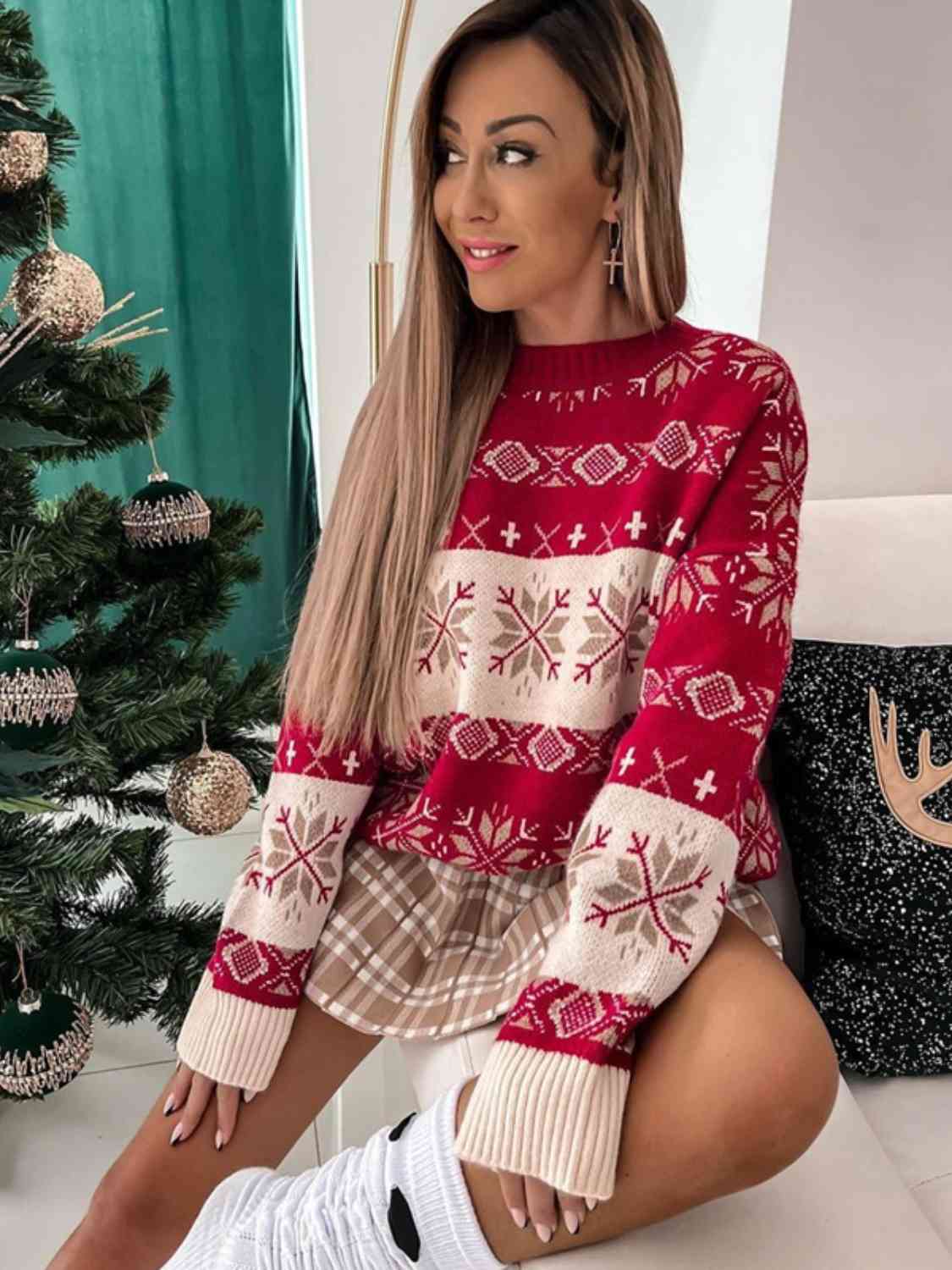 Snowflake Pattern Dropped Shoulder Sweater - Cowtown Bling N Things