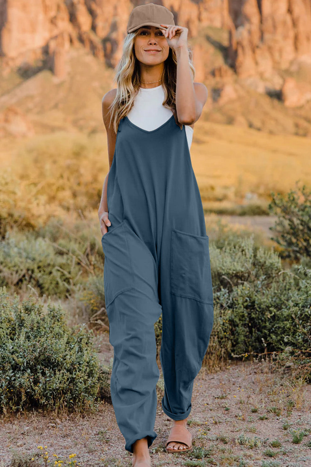V-Neck Sleeveless Jumpsuit with Pocket - Cowtown Bling N Things