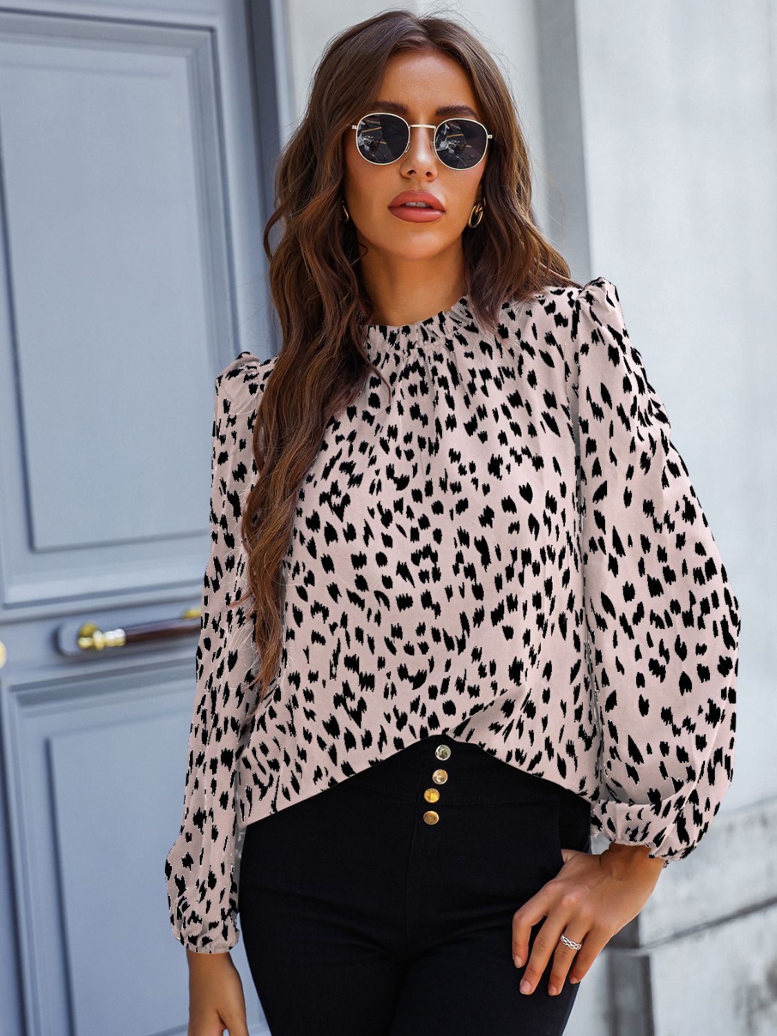 Printed Mock Neck Puff Sleeve Blouse - Cowtown Bling N Things