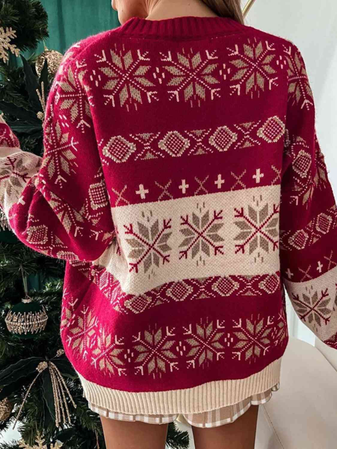 Snowflake Pattern Dropped Shoulder Sweater - Cowtown Bling N Things