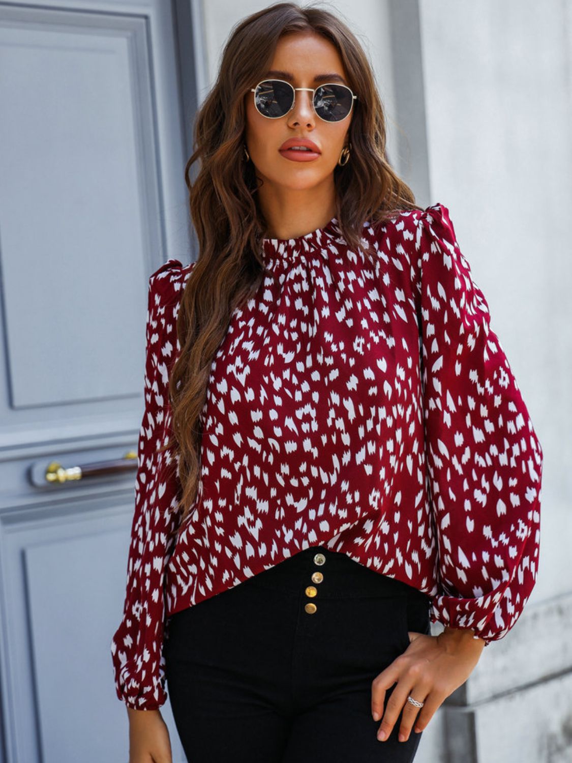 Printed Mock Neck Puff Sleeve Blouse - Cowtown Bling N Things
