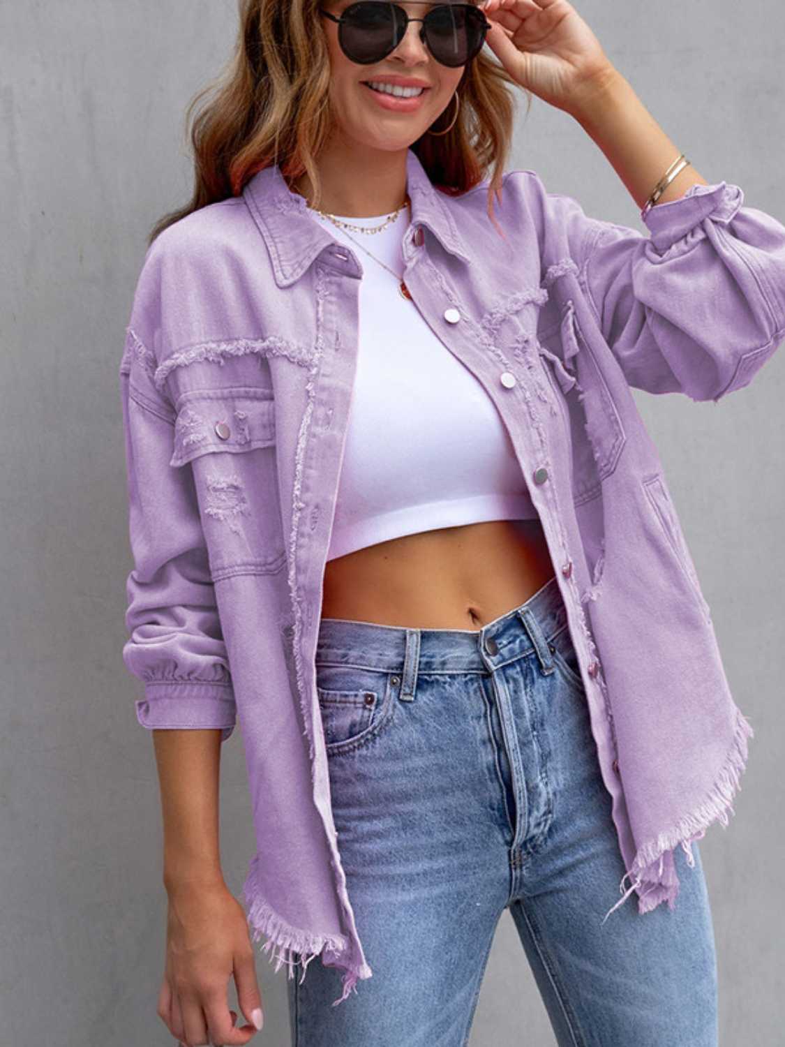 Distressed Drop Shoulder Denim Jacket - Cowtown Bling N Things