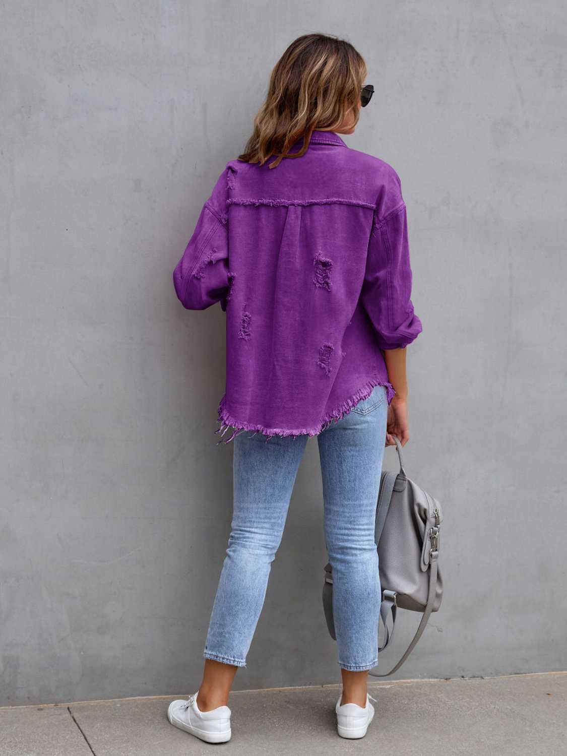 Distressed Drop Shoulder Denim Jacket - Cowtown Bling N Things