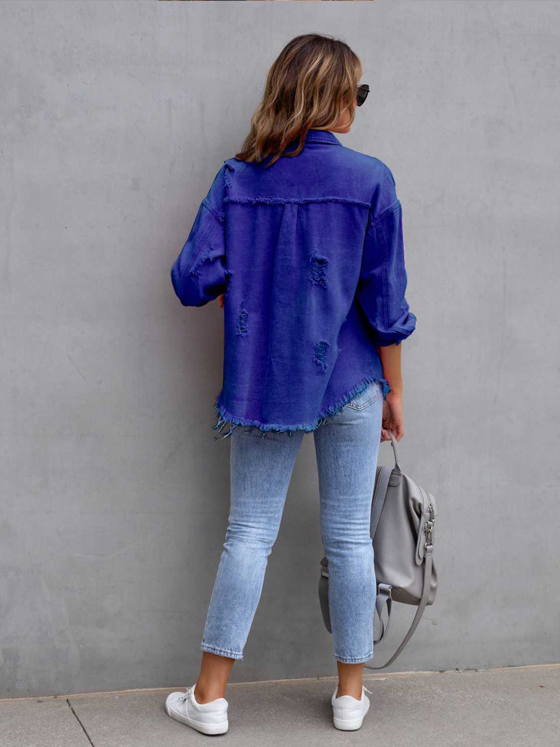 Distressed Drop Shoulder Denim Jacket - Cowtown Bling N Things
