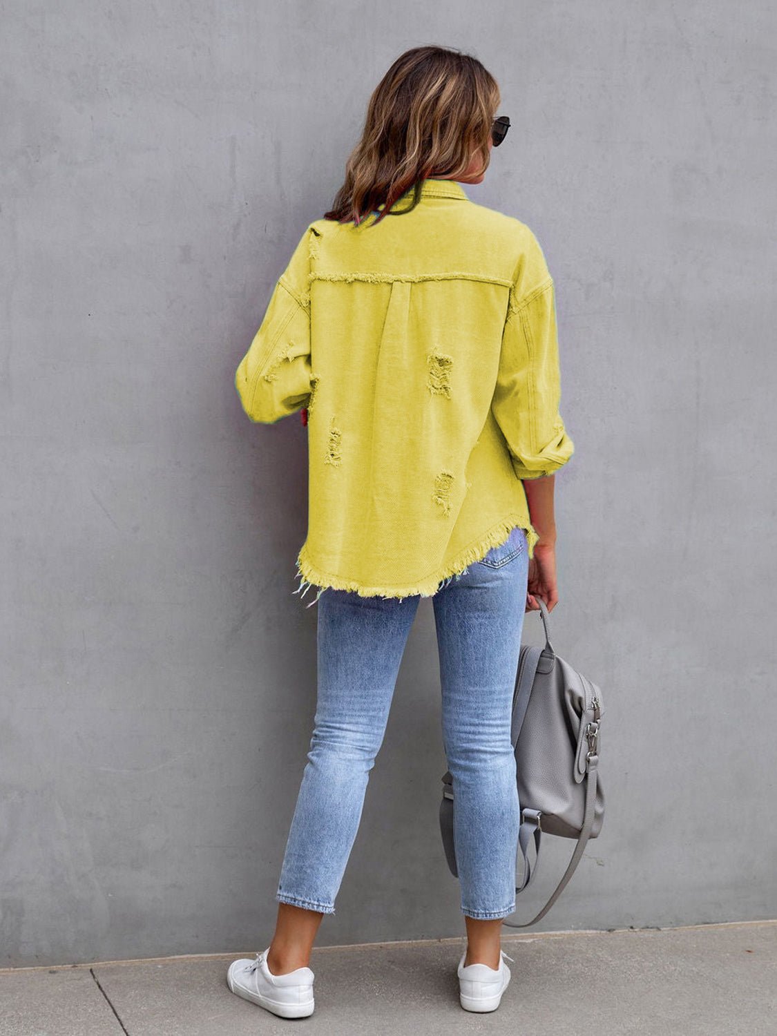Distressed Drop Shoulder Denim Jacket - Cowtown Bling N Things