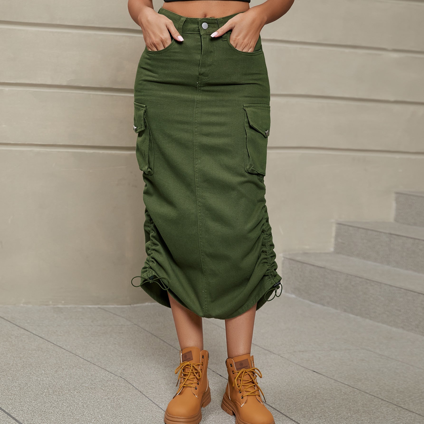 Drawstring Ruched Slit Denim Midi Skirt - Cowtown Bling N Things
