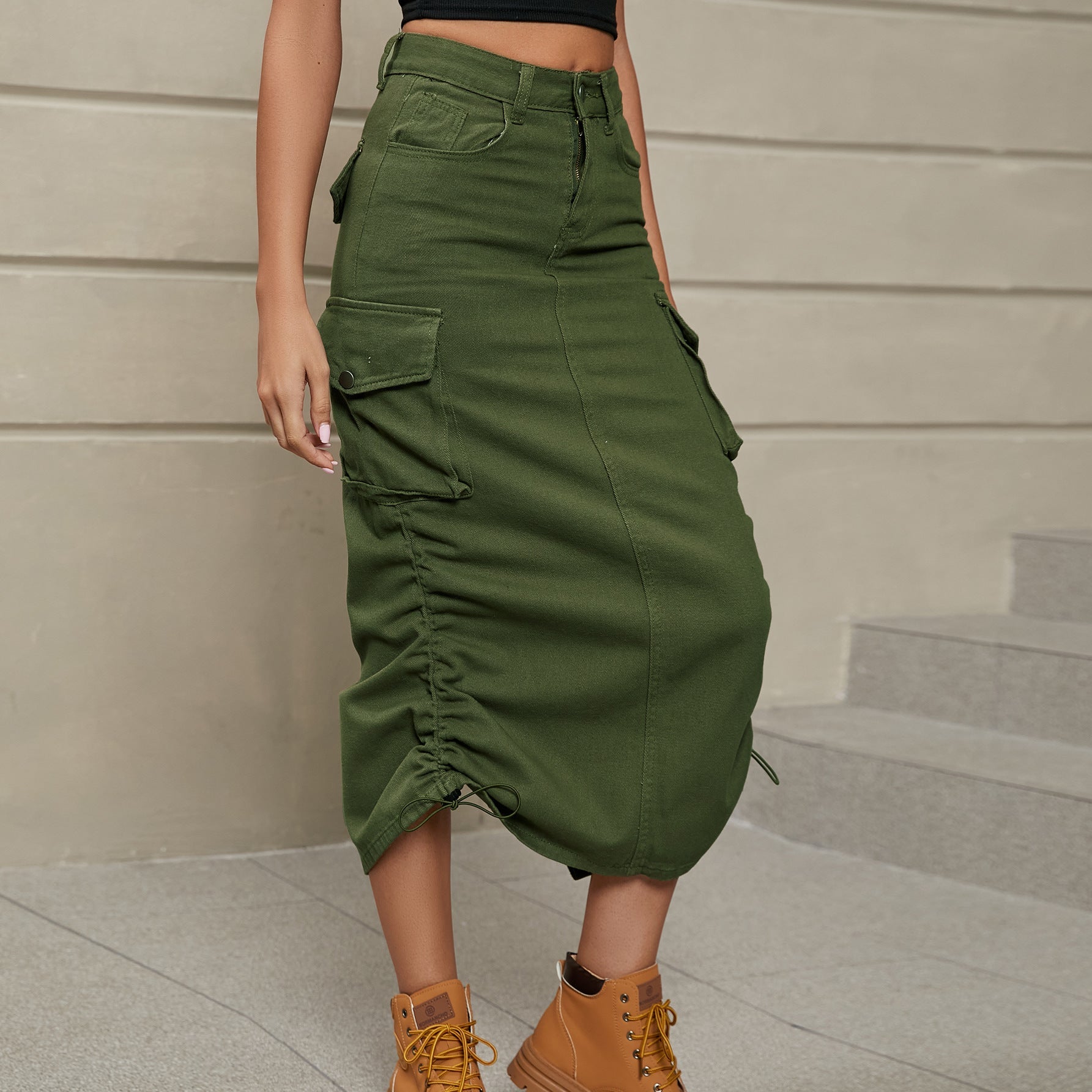 Drawstring Ruched Slit Denim Midi Skirt - Cowtown Bling N Things