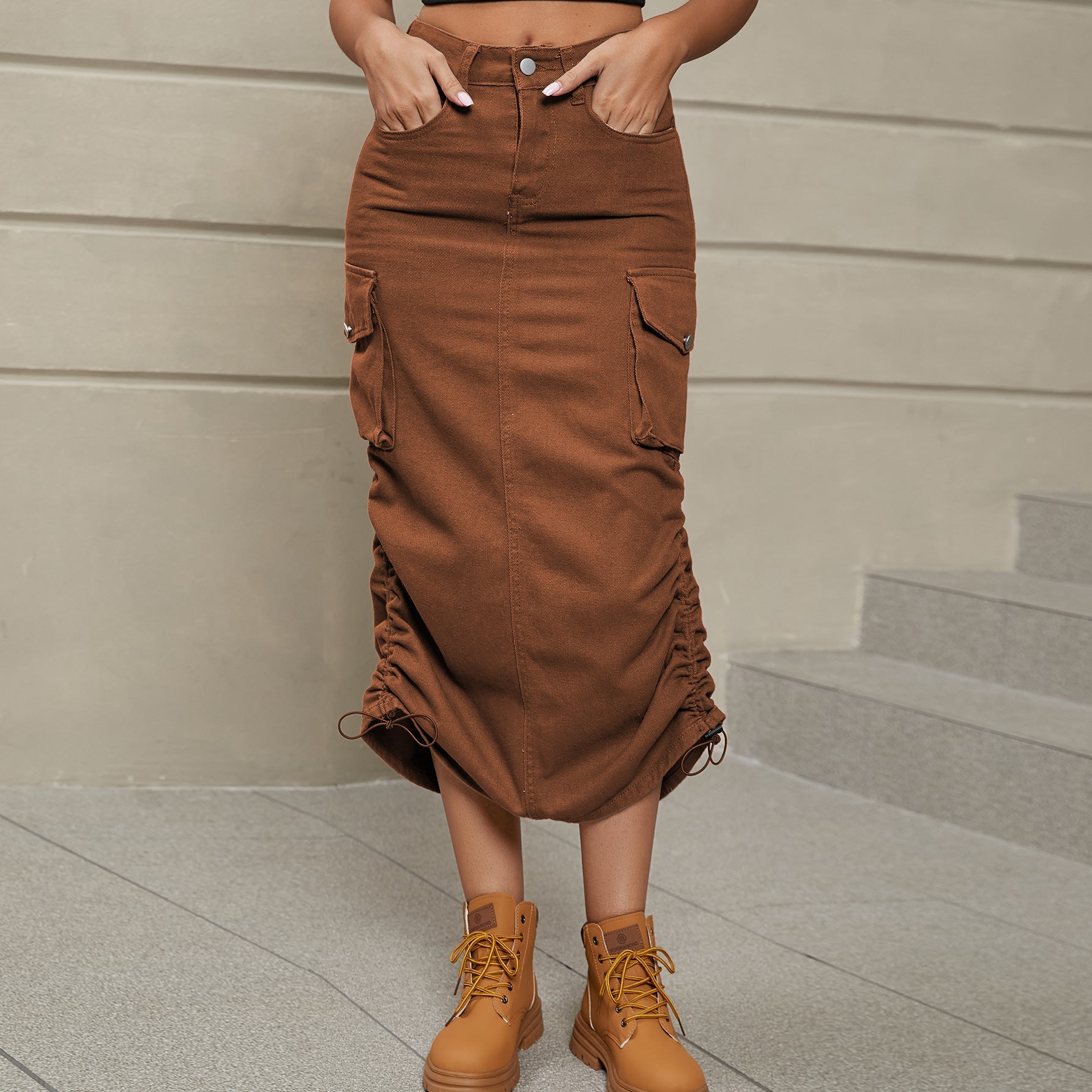 Drawstring Ruched Slit Denim Midi Skirt - Cowtown Bling N Things