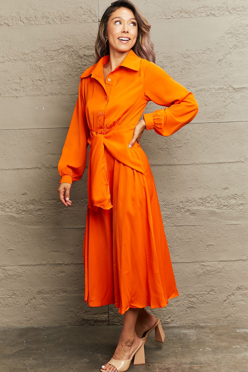 Collared Neck Long Sleeve Twisted Midi Dress - Cowtown Bling N Things