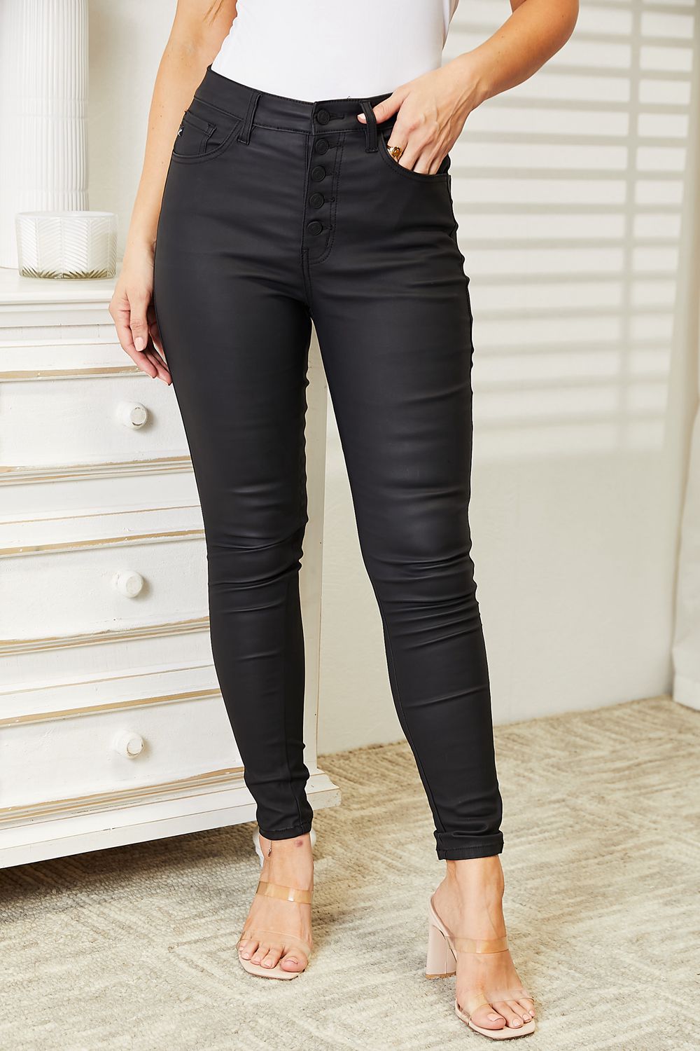 Kancan Full Size High Rise Black Coated Ankle Skinny Jeans - Cowtown Bling N Things