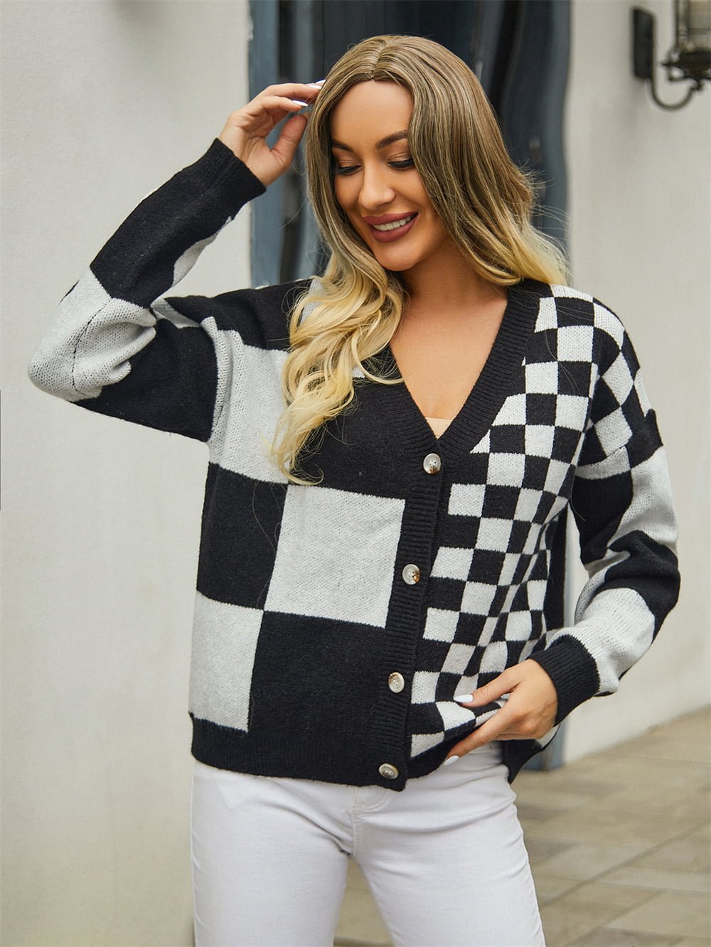 Plaid V - Neck Dropped Shoulder Cardigan - Cowtown Bling N Things