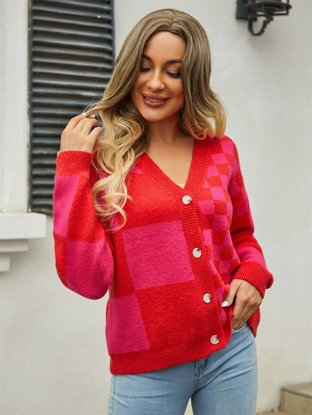 Plaid V - Neck Dropped Shoulder Cardigan - Cowtown Bling N Things