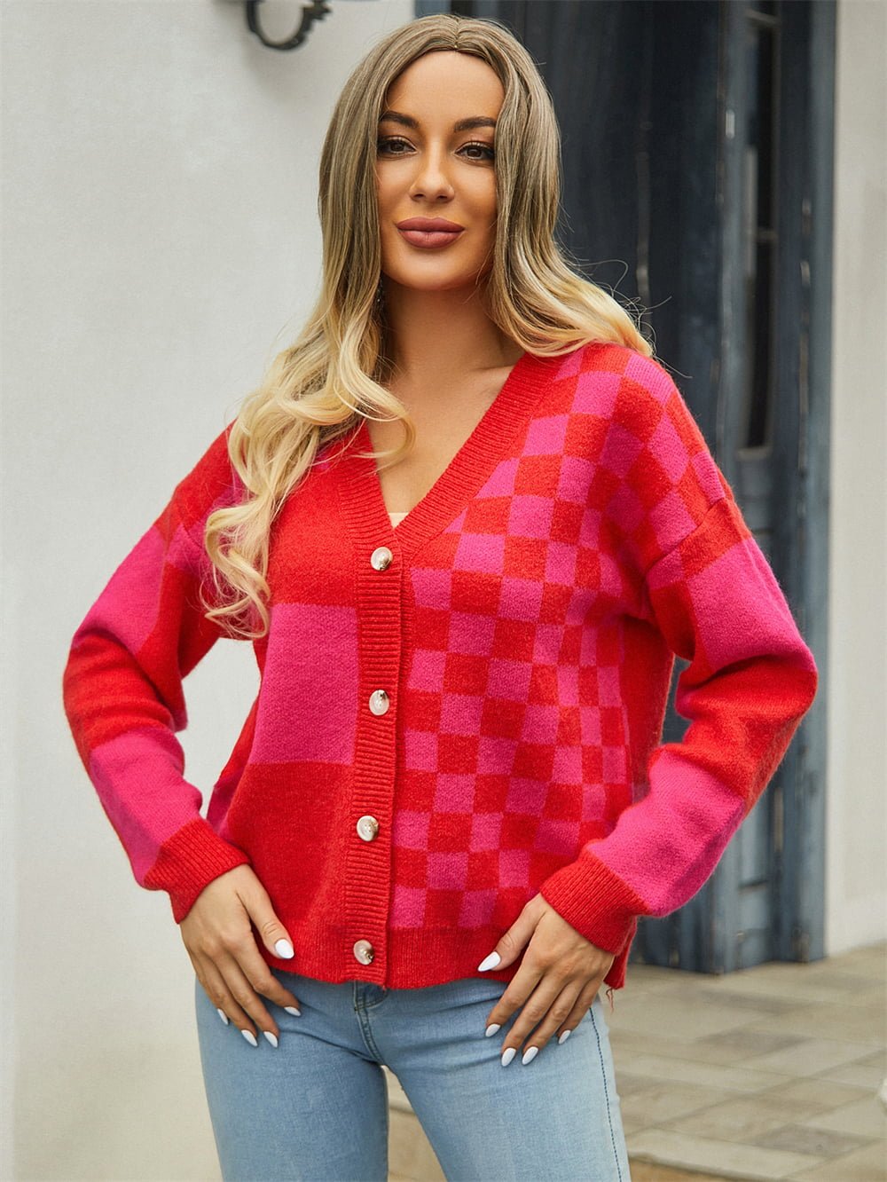 Plaid V - Neck Dropped Shoulder Cardigan - Cowtown Bling N Things