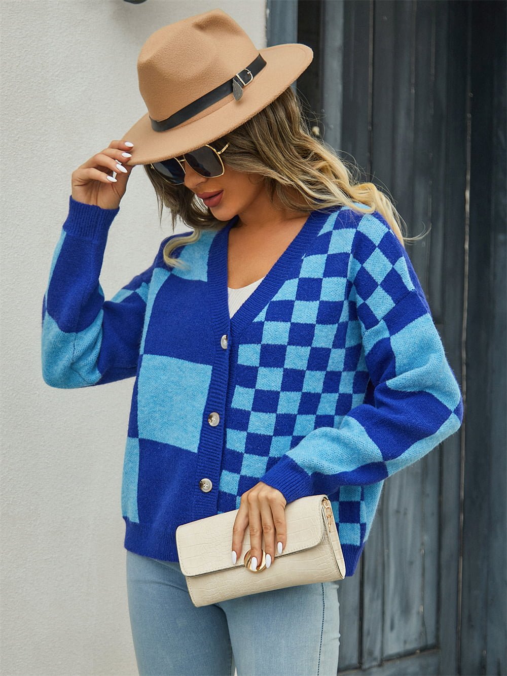 Plaid V - Neck Dropped Shoulder Cardigan - Cowtown Bling N Things