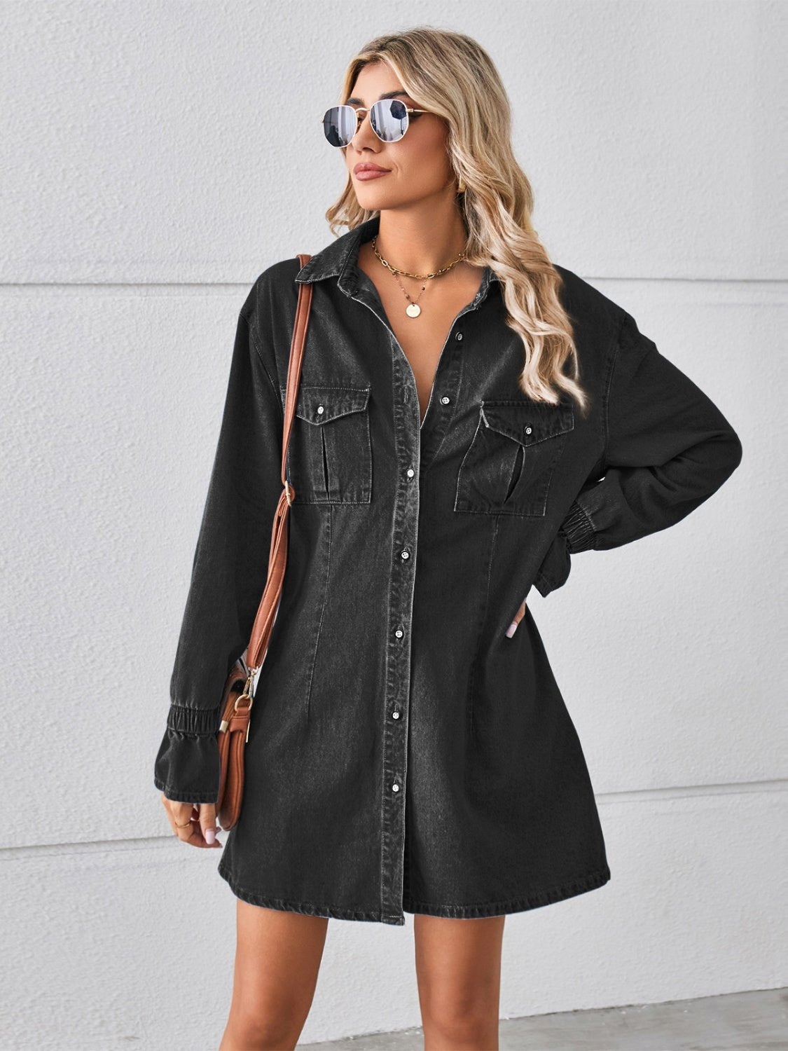 Pocketed Dropped Shoulder Mini Denim Dress - Cowtown Bling N Things