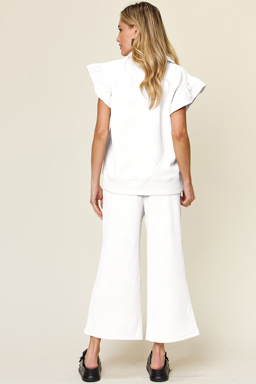 Double Take Texture Ruffle Short Sleeve Top and Drawstring Wide Leg Pants Set - Cowtown Bling N Things