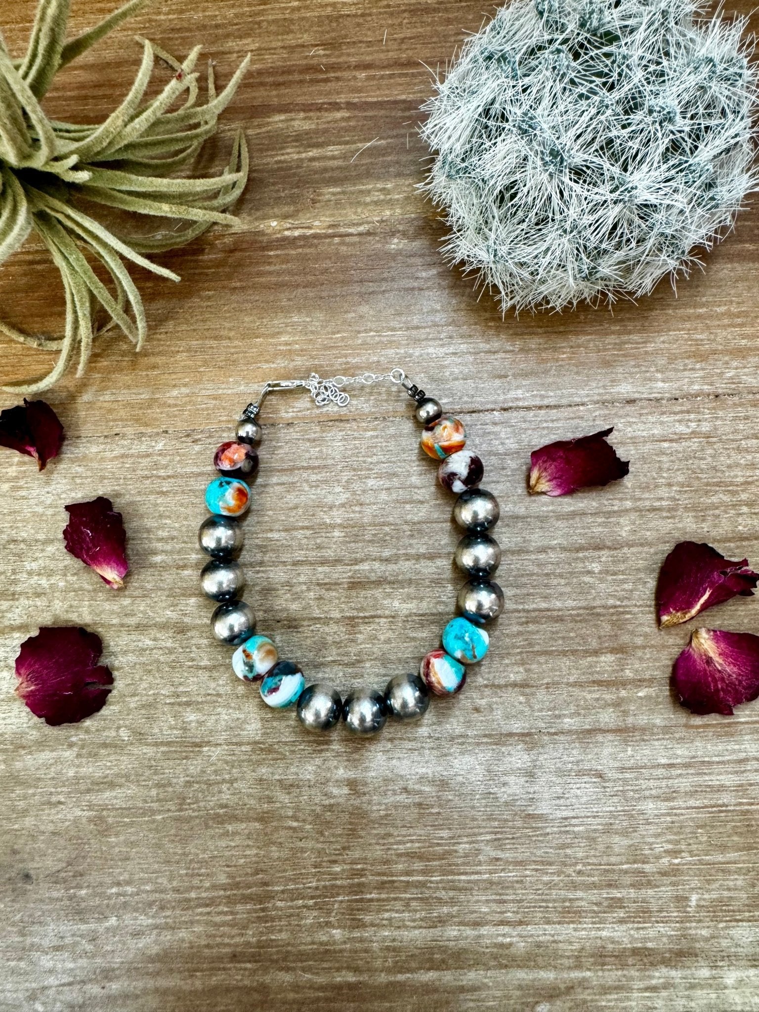 10 mm Sterling Silver Pearls bracelet with Mohave beads - Made in the USA - Cowtown Bling N Things
