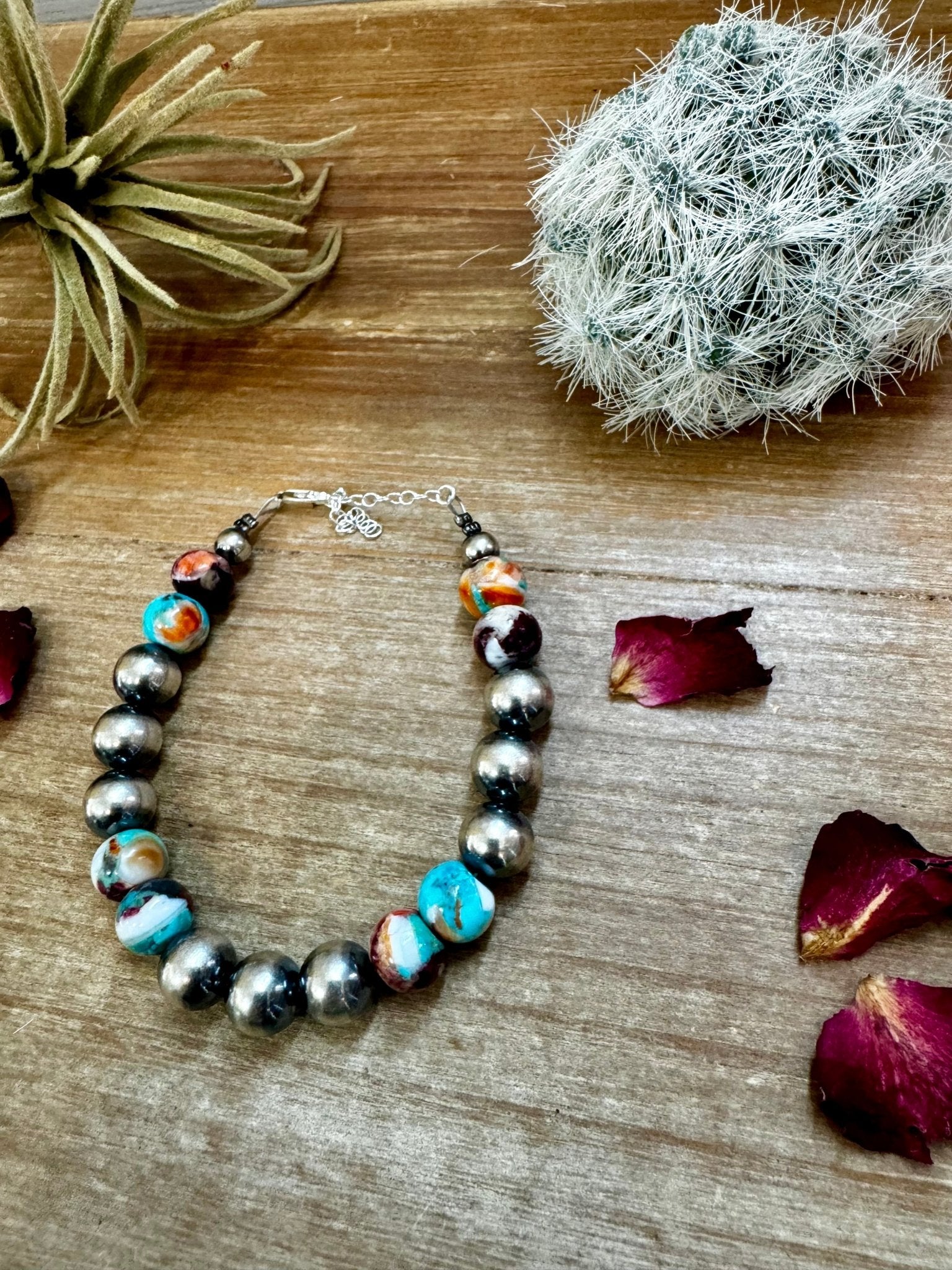 10 mm Sterling Silver Pearls bracelet with Mohave beads - Made in the USA - Cowtown Bling N Things