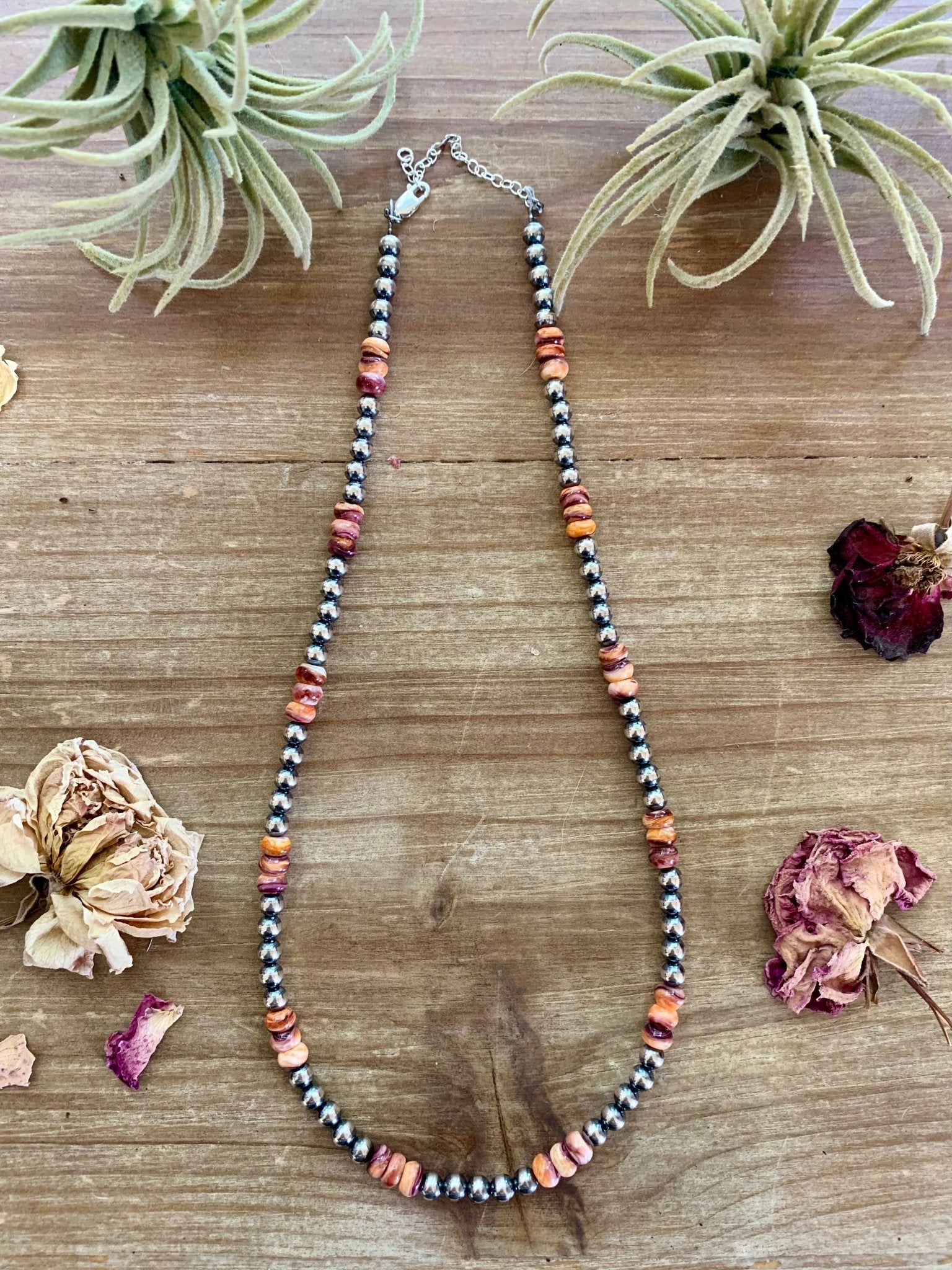 18 Inch 5 mm Sterling Silver Pearls necklace with orange/red spiny rondelle - Cowtown Bling N Things