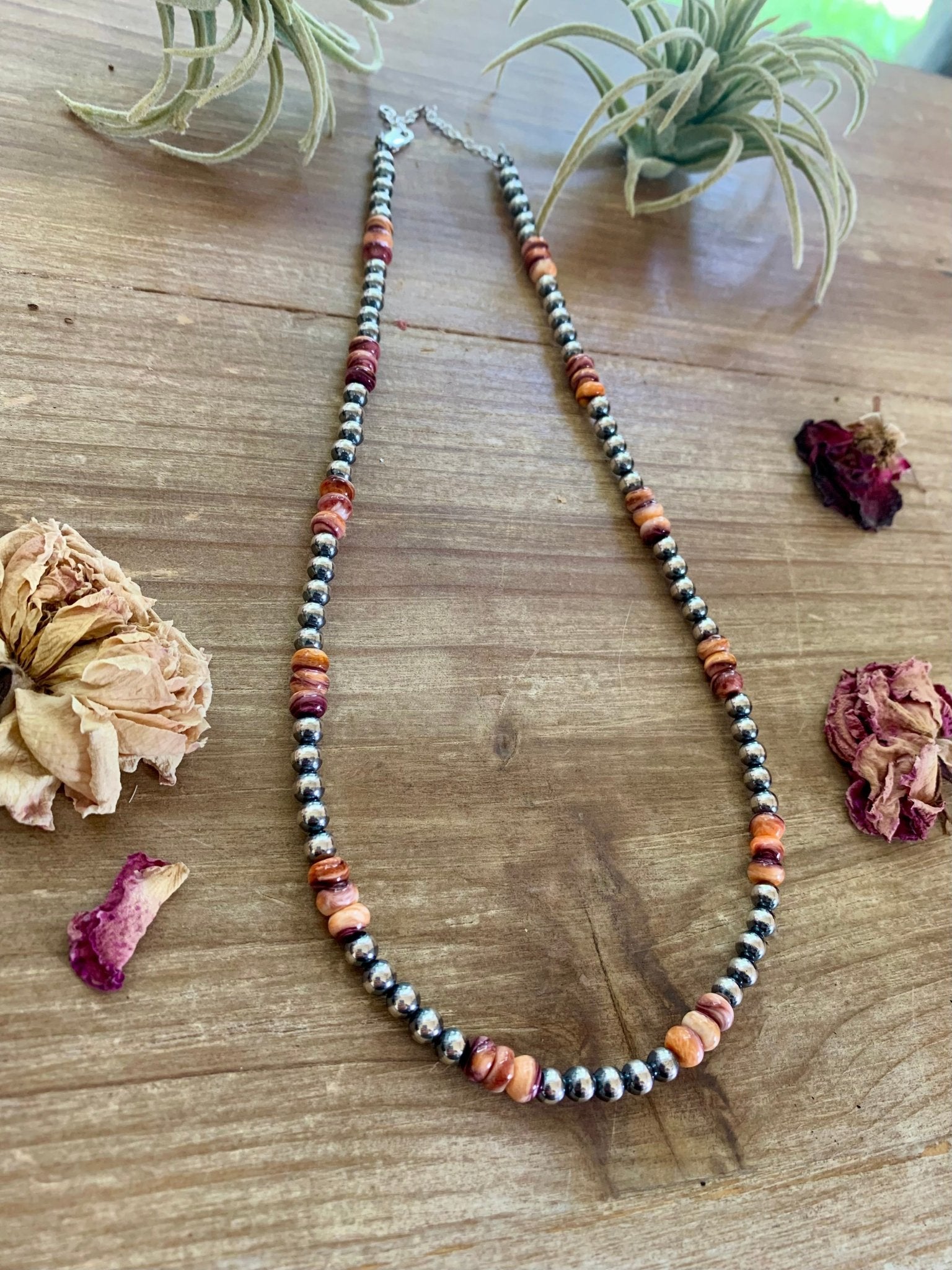 18 Inch 5 mm Sterling Silver Pearls necklace with orange/red spiny rondelle - Cowtown Bling N Things