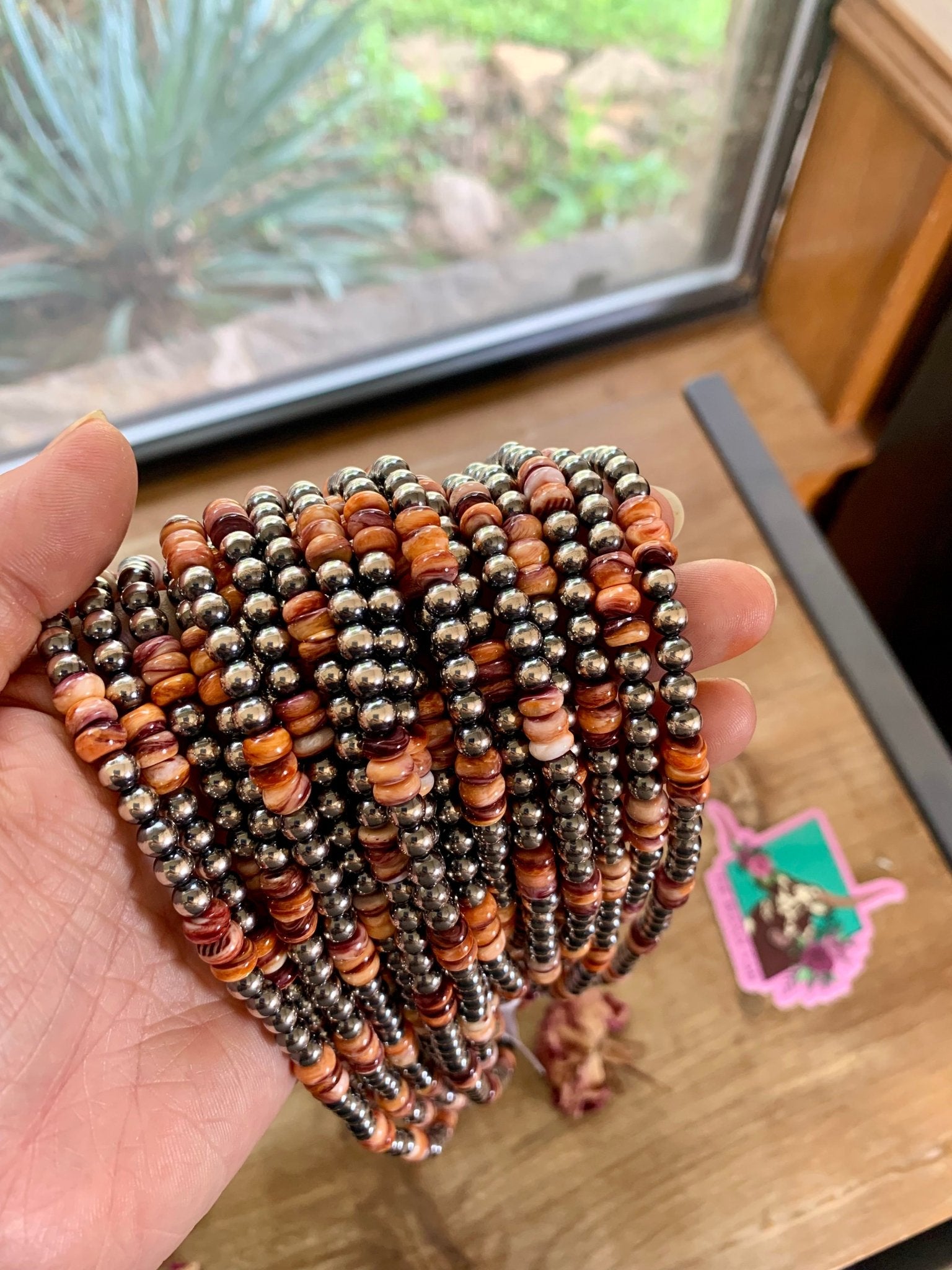 18 Inch 5 mm Sterling Silver Pearls necklace with orange/red spiny rondelle - Cowtown Bling N Things