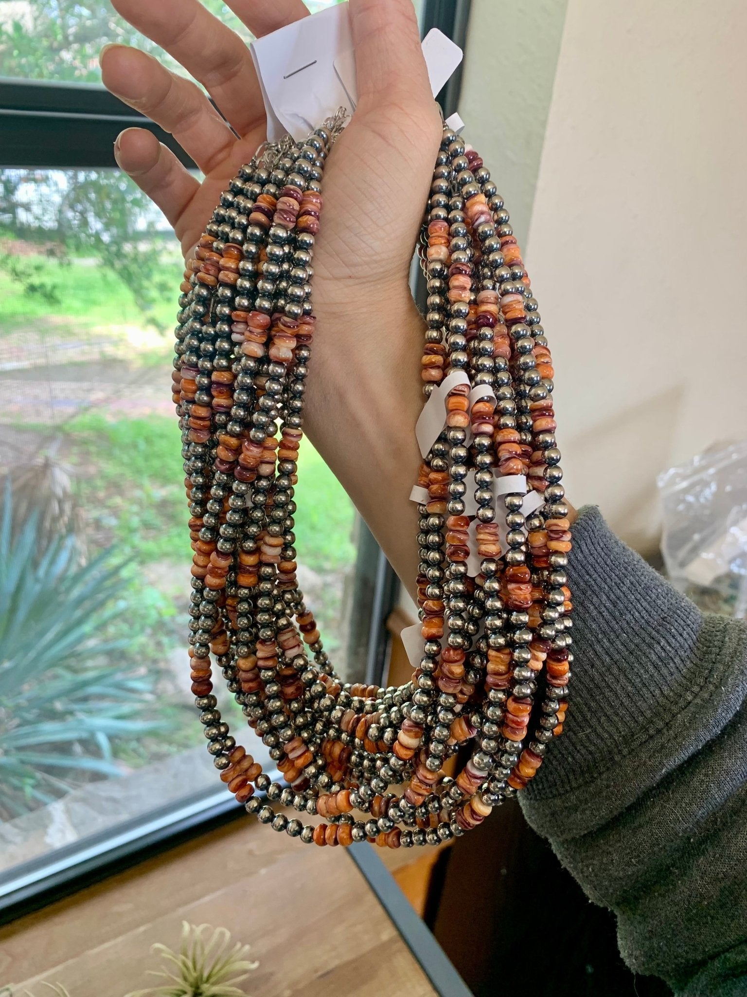 18 Inch 5 mm Sterling Silver Pearls necklace with orange/red spiny rondelle - Cowtown Bling N Things